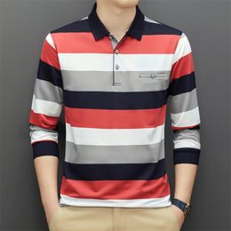 Men's Polos 95% Cotton Polo Shirt Men Long Sleeve Multi-color Striped Autumn and Winter Clothing Korean Style Male Polo Shirt Tops Tees 230510