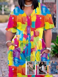 Plus Size Dresses LW V Neck Tie Dye Pocket Design Dress Casual Street Print Patchwork Straight Loose Large Sizes Clothings