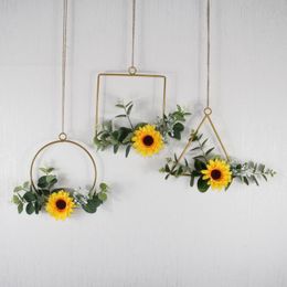 Decorative Flowers & Wreaths Metal Floral Hoop Wreath Artificial Sunflower Garland With Rope Wall-mounted Home Decor For Wedding Recept