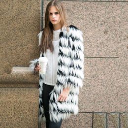 Women's Fur Winter Women's Faux Coat Black And White Stitching Mid-length Simple Warm Jacket Ladies Fashion Classic