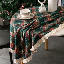 Table Cloth Gerring Christmas Coffee Cover Yarn Dyed Plaid Holiday Wedding Deco cloth American Round Tassel For Party 230510