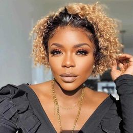 Hair Wigs Short Pixie Cut Human 13x1 Lace Frontal Curly Bob Coloured Hd Transparent for Black Women 230510