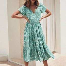 Casual Dresses Summer Boho Plead For Women 2023 V Neck Short Sleeves Floral Dress Vacation Beach Elegant Female Vestidos