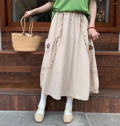 Skirts Spring Mori Girl Embroidered Pocket Cotton Skirt Mid-length Elastic Waist Loose Y2k For Women Casual Long Faldas