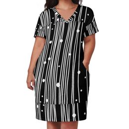 Plus size Dresses Polka Dots And Stripes Casual Summer White Line Print Vintage Female V Neck Printed Streetwear Size 5XL 230510