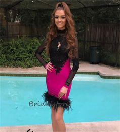 Chic Hot Pink Black Feather Prom Dress With Lace 2023 Tight Long Sleeve Cocktail Dresses Mini Short Graduation Formal Evening Homecoming Graduation Party Gown