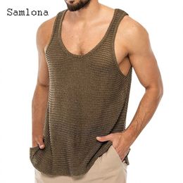 Mens Tank Tops Samlona Patchwork Top Sleeveless Knitted Shirt Fashion Stripe Print Vest Clothing Summer Casual Skinny Pullovers 230509