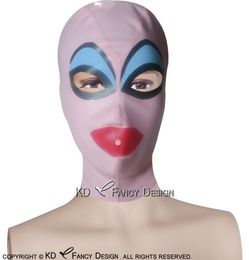 Rosa y azul, rojo, negro, accesorios de vestuario, capucha de látex sexy con cejas falsas, cremallera, ojos abiertos, boca, nariz, máscara de goma de talla grande 03766675
