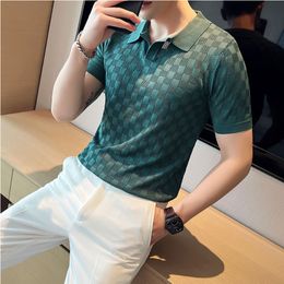 Men's Polos Men Transparent Mesh Knitted Polo Shirt Summer Short Sleeve V-Neck Hollow Tee Tops Male Casual Plaid Elastic Polo Shirts 230510