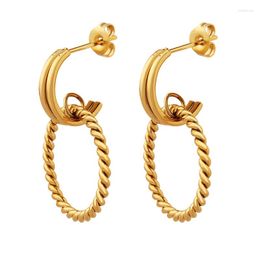 Stud Earrings Minimalist Style Gold Plated 316L Stainless Steel Texture C- Type For Women Girls Metal Drop Jewellery Gift