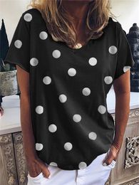 Women's TShirt Summer Polka Dots Print Loose V Neck Short Sleeve Tees Female 2023 Fashion Daily Casual Versatile Basic Tops 230510