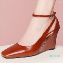 Dress Shoes Sexy Mary Janes Women's Genuine Leather Pumps Square Toe Wedge Heel Slip On Wedding Party 34-42