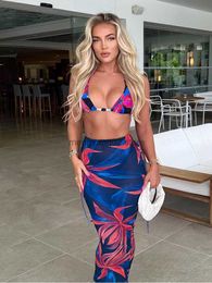 Two Piece Dress Summer Beach Dress Sets Floral Printed Three Piece Sets Sexy Bikini Sets and Slim Skirts Suits Women Club Partywear 2022 T230510