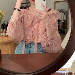 Women's Blouses Lace-Up Bow Tie Tops Women Korean Style Design Office Lady Cute Ribbon Sweet Pink Floral Retro Vintage Basic Shirts