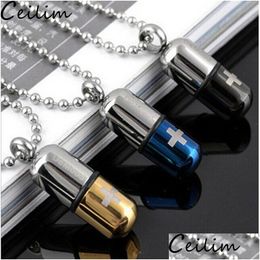 Pendant Necklaces Fashion Mens Punk Open Capse Necklace Per Bottle Pill Cross Stainless Steel Pendants Chain For Women Jewel Dhgarden Dhrf4