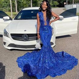 2023 Sparkly Sexy Prom Dresses Jewel Neck Royal Blue Luxury Sequined Lace Sequins Illusion Mermaid Sleeveless Evening Dress Plus Size Party Gowns For African Women
