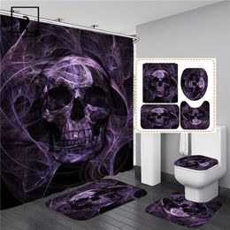 Shower Curtains Black Skull Skeleton Printed Curtain Set Horrible Halloween Festival Bathroom Decor Pedestal Rug Lid Carpet Toilet Cover 230510