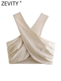 Women's Tanks Camis Zevity Women Sexy Cross Design Solid Color Chic Pleat Halter Tank Lady Summer Backless Bow Tied Vest Y2K Crop Tops LS3858 230510