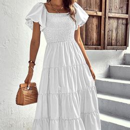 Casual Dresses Square Neck Elegant Ruched White Sundress Chic Bubble Sleeve Long Dress Hem Waist Large Swing Summer Women