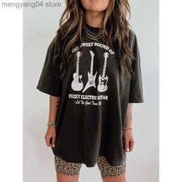 Women's T-Shirt New Arrival Retro Style Guitar Printed Black T shirt For Women Short Sleeve Loose Cotton Drop Shoulder Tees Street Fashion Shirt T230510