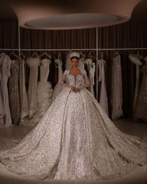 Luxury Ball Gown Wedding Dresses Long Sleeves V Neck Sequins Applique 3D Lace Ruffles Bridal Gowns Pearls Diamonds Formal Dress Plus Size Custom Made Vestido de novia
