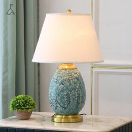 Table Lamps Retro Creative Mediterranean Sea Carved Blue Ceramic Fabric Led E27 Dimmer Lamp For Bedroom Bedside Living Room Study 1271