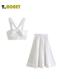 Two Piece Dress TELLHONEY Women Fashion VNeck Hollow Out Crop Tops Side Zipper Pleats Midi Skirt Lady Sexy White Embroidery Set 230509
