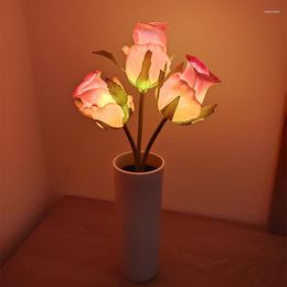 Night Lights Lifelike LED Rose Tulip Flower Vase Lamp Light Table Battery Power For Home Bedroom Bedside Wedding Decor