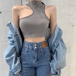 Women's Tanks Camis Sexy Halfhigh Collar Crop Tops Women Knitted Wrapped Irregular Sleeveless Vest with Pads Off Shoulder Halter Tanke Bra Camis Z0510