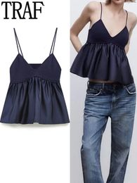 Camisoles Tanks TRAF Blue Crop Top Women Knitted Tank Top Female Sleeveless Backless Sexy Tops Woman Ruffle Streetwear Y2k Corsets Tops Camisole 230510