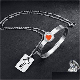 Pendant Necklaces Couple Lovers Jewelry Love Heart Lock Bracelet Stainless Steel Bracelets Bangles Key Necklace Valentines D Dhgarden Dh3We