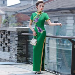 Ethnic Clothing Women Satin Classic Long Cheongsam S-5XL Sexy Slim Novelty Qipao Flower Appliques Elegant Oriental Dress Vintage Chinese