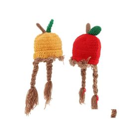 Caps Hats 48Cm Kids Knitted Wig Hat With 2 Big Braid Girls Cute Winter Cap Apple Shape Drop Delivery Baby Maternity Accessories Dhuyk