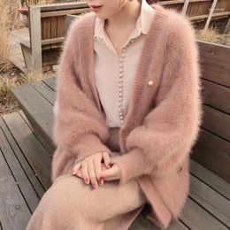Women's Knits Mink Cashmere Pink White Long Sweater Korean Women Fall Winter Knitted Cardigan Sleeves Loose V Neck Oversize Knit Tops