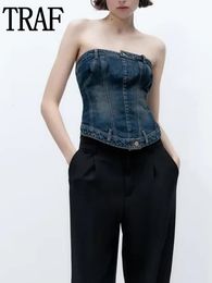 Womens Tanks Camis TRAF Denim Corset Top Female Blue Crop Off Shoulder Tube s Streetwear Sexy Backless Bustier s Ladies 230509