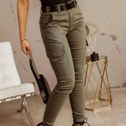 Women's Pants Women Fashion Solid Colour Casual Pocket Button Zipper Slim Trousers Spring Autumn Elegant Office Lady Sweatpant Streetwear