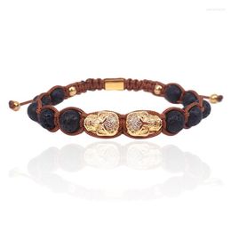 Charm Bracelets Natural Black Onyx Stone & Gold Colour Micro Pave White CZ Skull Beads Braided Macrame For Men Jewellery Gift