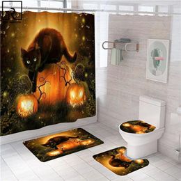 Curtains Cat and Pumpkin Halloween Shower Curtains Festival Bathroom Decoration Bath Curtain Mat Set Polyester Soft Rugs Carpet Toilet