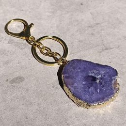 Keychains Arrived 3Pcs/Lot Natural Crystal Amethysts Agates Raw Stone Key Chain Colourful Gold Plated Irregular Shape Healing Pendant