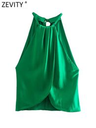 Women's Tanks Camis Zevity Women Fashion Sleeveless Soft Satin Green Halter Smock Blouses Femme Back Bow Tie Irregular Shirt Blusas Chic Tops LS2243 Z0510