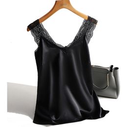 Camisoles Tanks Lace Strap Silk Top Women Sexy V Neck Sleeveless WhiteVest Satin Elasticity Mesh Silk Tank Tops Women Basic Plus Size Camisole 230510