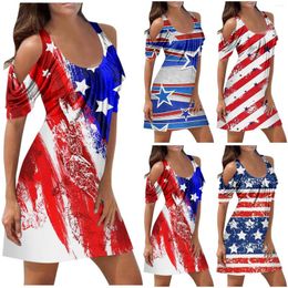 Casual Dresses Elegant And Sexy Two-Shoulder Cut-Out Independence Day Printed Short-Sleeved Dress Fashionable Summer Woman 2023 Trendy