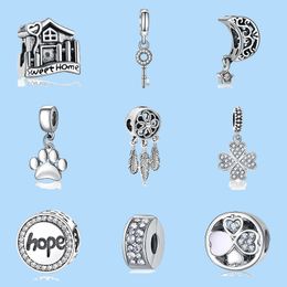 925 sterling silver charms for pandora jewelry beads Dangle Alloy Bead Home Love Lucky Clover White Clear CZ Bead