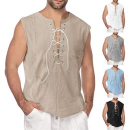 Mens Tank Tops Casual Summer Men Cotton linen Top Solid Color Sleeveless V Neck Loose Bandage Sports Vest Blouse Shirt Clothing 230509
