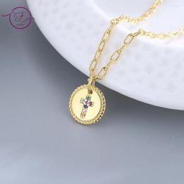 Chains S925 Silver Round Cross Gold Necklace Inlaid Color Zircon Chain Pendant Fashion Daily Jewelry For Women Party Anniversary Gifts