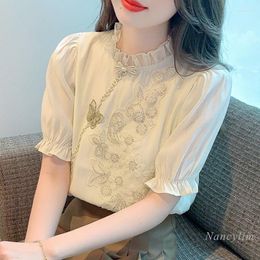 Women's Blouses Summer Apricot Lace Shirt Womans Short-Sleeved Blouse Young Women Clothing 2023 Embroidery Top Blusas Femme