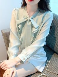 Women's Blouses Elegant Office Ladies Light Green Bow Shirts Back Buckle Long Sleeve Ruffles Blouse Women S-2XL Luxury 2023 Tops