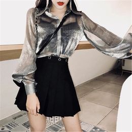 Women's Blouses Shirts Fashion Women Stylish Silver Chiffon Blouse Puff Sleeve High Quality Tops Mujer Chemises Femme ZZ584 230510