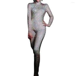 Stage Wear Silver Full Rhinestones Jumpsuits Long Sleeve Backless Playsuits Nightclub Dance Show Club Bodysuit For Women
