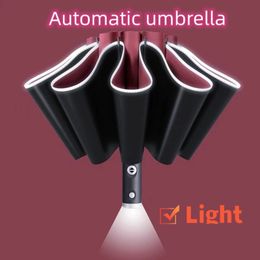 Umbrellas Fully Automatic UV Umbrella With LED Flashlight Reflective Stripe Reverse Large For Rain Sun Heat Insulation Parasol 230510